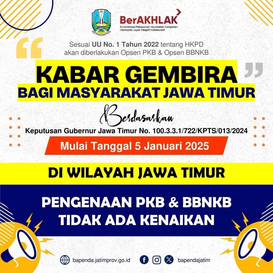 PKB dan BBNKB di Jawa Timur 2025 Dipastikan Tidak Naik, Berlaku Mulai 5 Januari