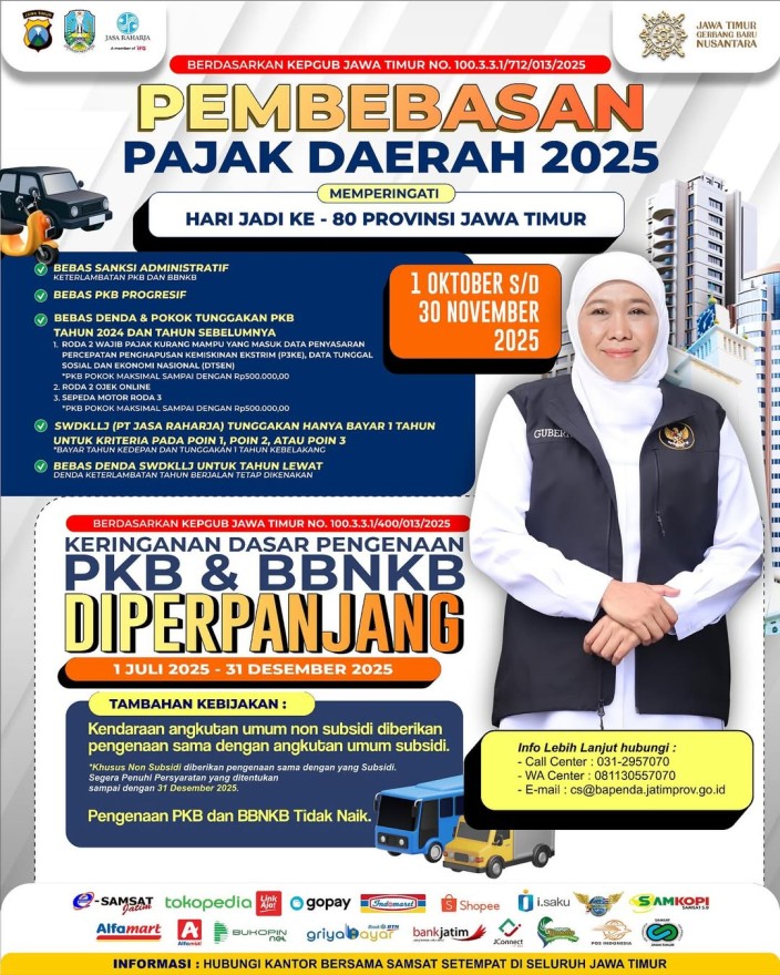 Pembebasan Pajak Daerah dalam Rangka Hari Jadi ke-80 Provinsi Jawa Timur