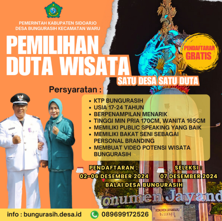 Pemilihan Duta Wisata Desa Bungurasih, Ayo Daftar. Gratis
